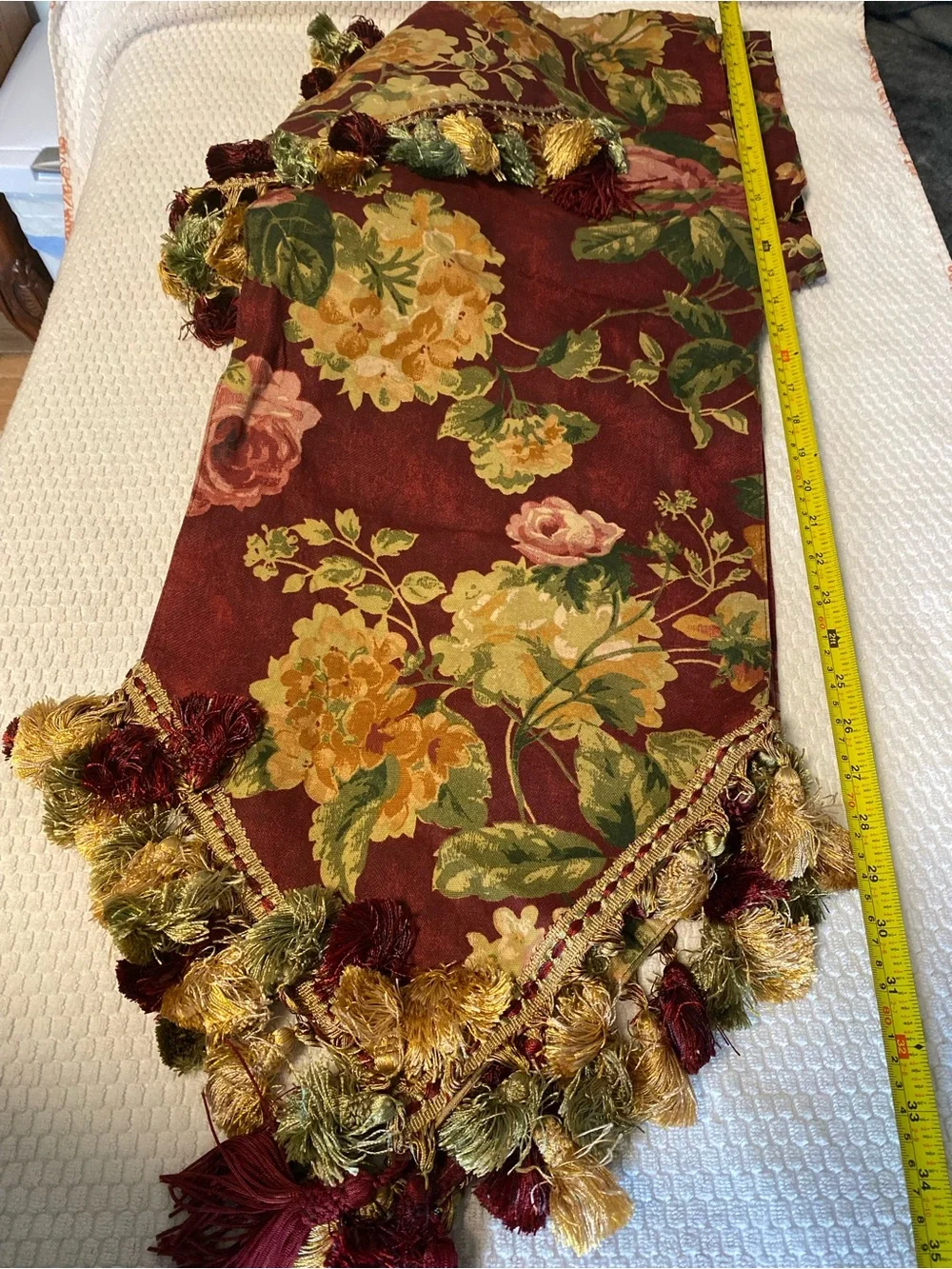 Vintage Burgundy Floral Tassel Valance, one window